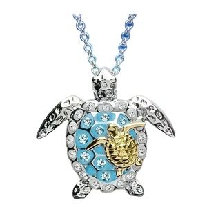 Gold and Turquoise Rhinestone Sea Turtle Pendant Necklace